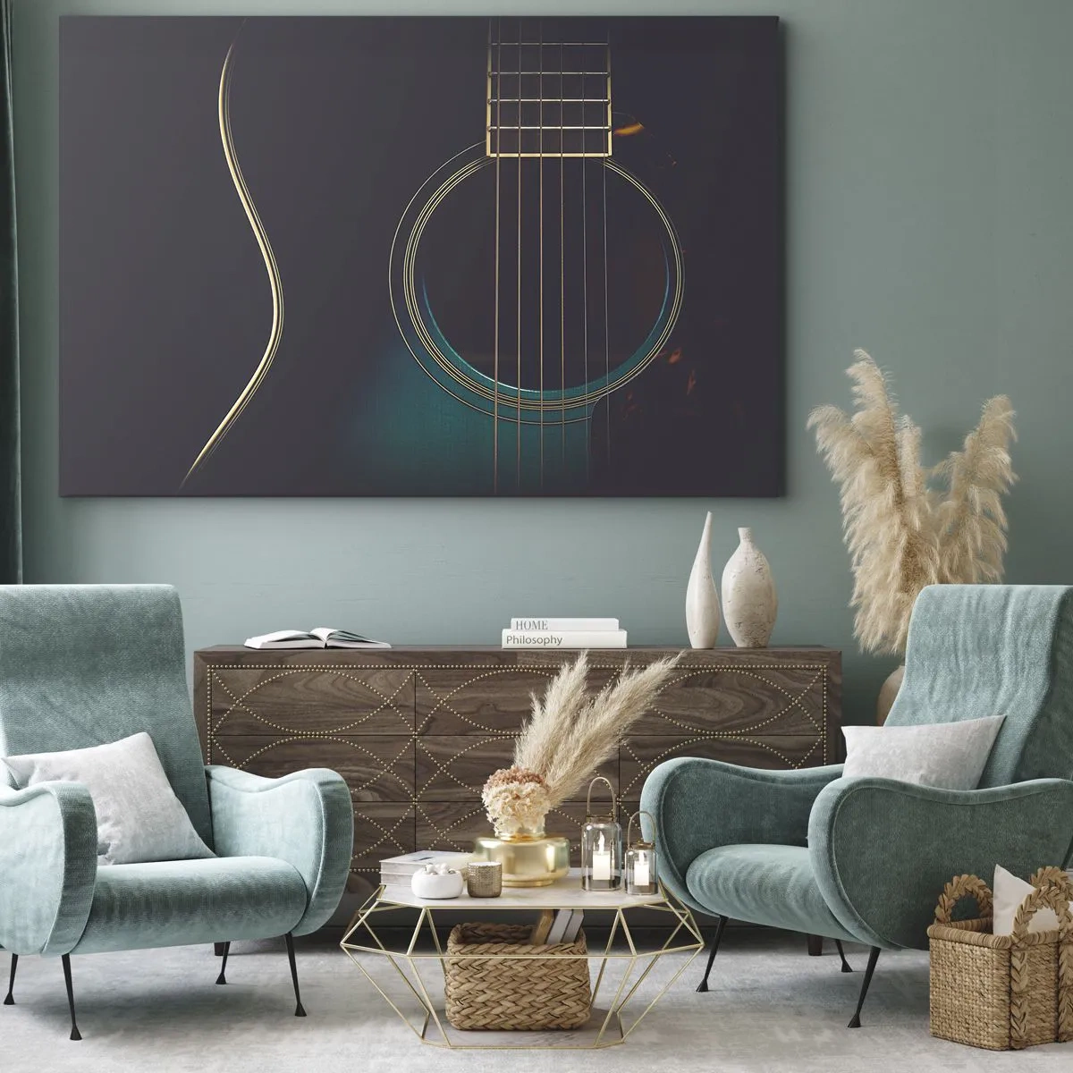 Canvastavla - Bild på duk - Akustisk gitarr i mörkt, elegant ljus - 70x50cm - Ett ögonblick innan det ljuder - Modern väggdekoration för vardagsrum och sovrum ARTTOR