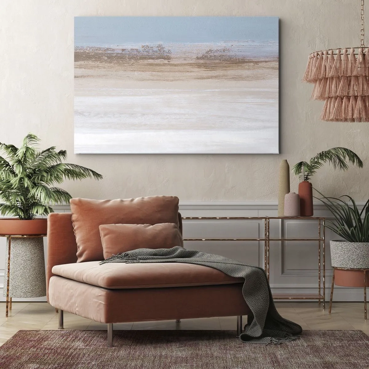 Canvastavla - Bild på duk - Ett subtilt landskap i pastellfärger av blått och beige - 70x50cm - Tvetydigt landskap - Modern väggdekoration för vardagsrum och sovrum ARTTOR