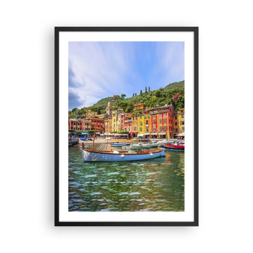 Affisch i svart ram - Hamnscen med färgglada byggnader och båtar - 50x70cm - Italiensk förmiddag - Modern väggdekoration för vardagsrum och sovrum ARTTOR