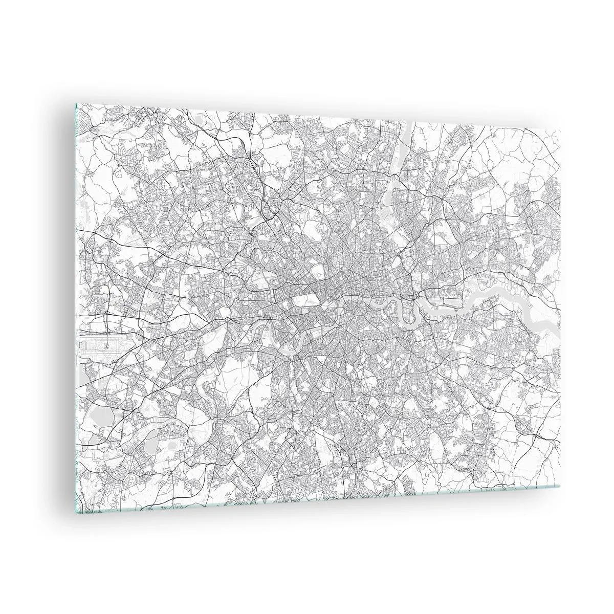 Glastavla - Bild på glas - En svartvit karta med ett tätt gaturat i minimalistisk stil. - 70x50cm - Karta över London-labyrinten - Modern väggdekoration för vardagsrum och sovrum ARTTOR