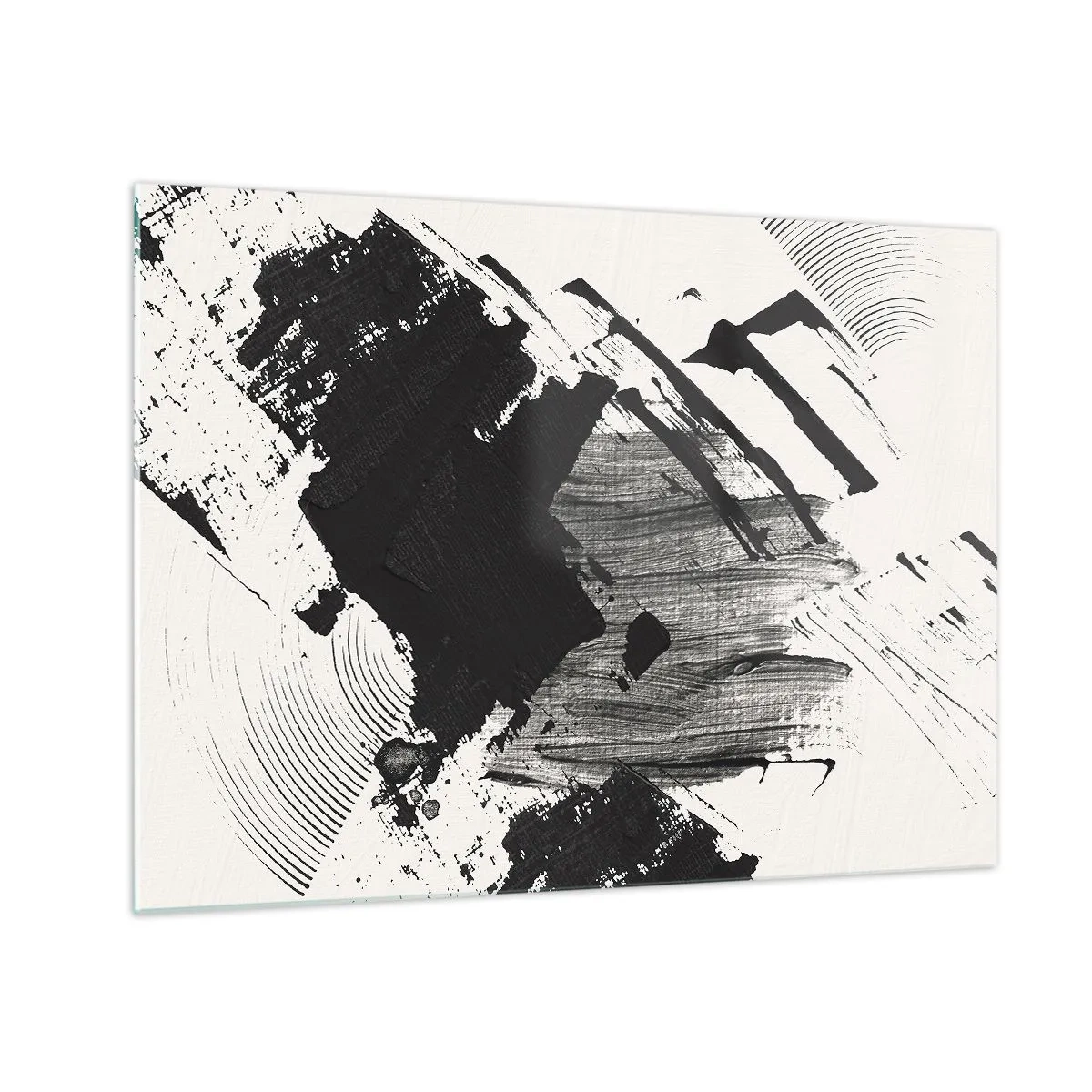 Glastavla - Bild på glas - Uttrycksfull abstraktion i svartvitt med dynamiska penseldrag. - 70x50cm - Abstraktion - uttrycket av svart - Modern väggdekoration för vardagsrum och sovrum ARTTOR