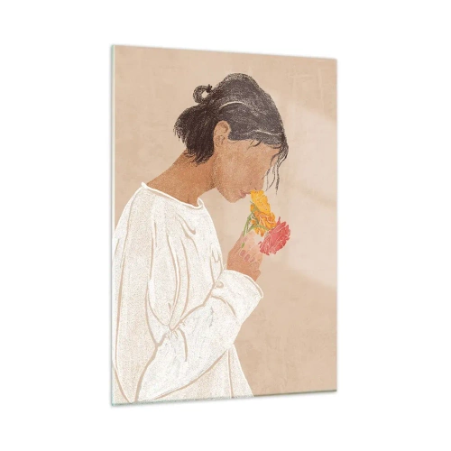 Glastavla - Bild på glas - Flicka och blommor - 50x70 cm