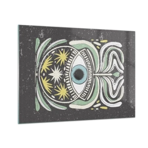 Glastavla - Bild på glas - Grafiskt öga med tribal ornamentik på en mörk bakgrund - 70x50cm - Stamritualer - Modern väggdekoration för vardagsrum och sovrum ARTTOR