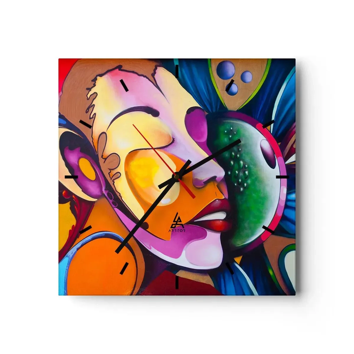 Väggklocka - Klocka på glas - Känna på med färg - 30x30 cm