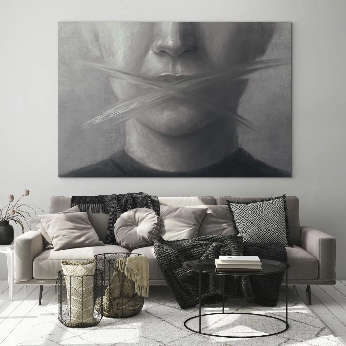 Glastavla - Bild på glas - Porträtt av en person med suddiga läppar i grå nyanser - 70x50cm - Inte ett ord - Modern väggdekoration för vardagsrum och sovrum ARTTOR