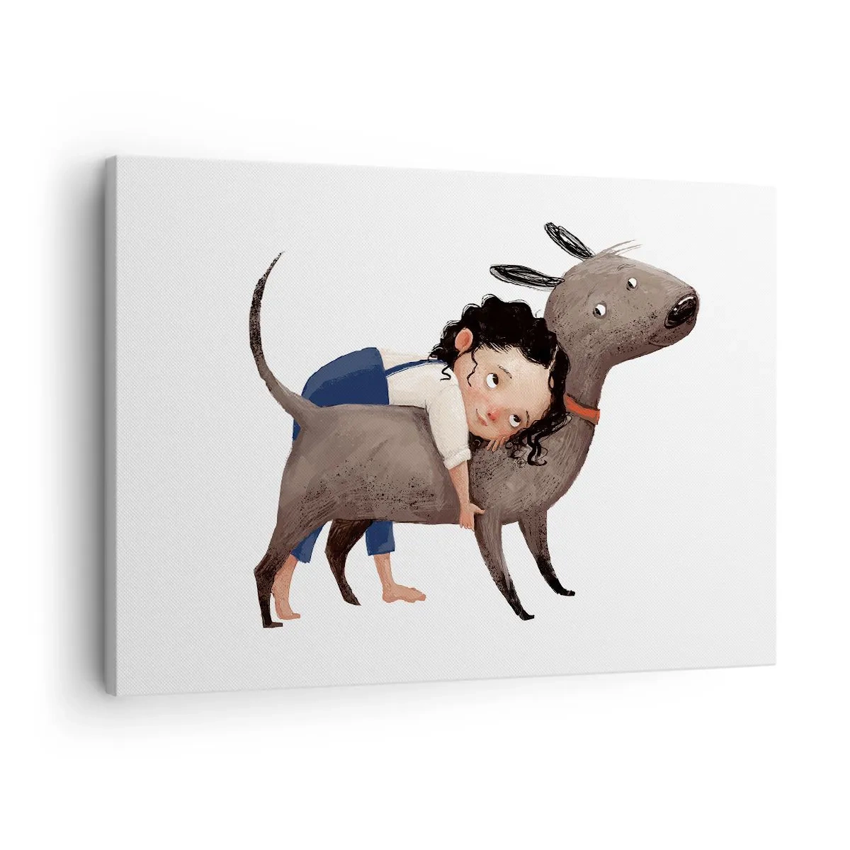 Canvastavla - Bild på duk - Tecknad illustration av ett barn som kramar en hund - 70x50cm - Bästa vänner - Modern väggdekoration för vardagsrum och sovrum ARTTOR