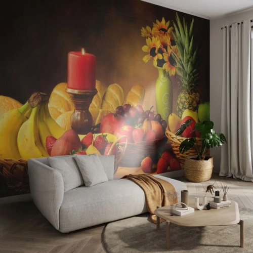 Fototapet på mått Självhäftande Deluxe Sticker - Stilleben med bröd och frukt - Gastronomi, Blommor, Frukt