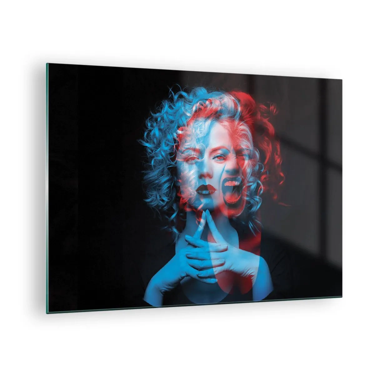 Glastavla - Bild på glas - Porträtt av en kvinna med färgskiftningseffekt, i blå och röda toner - 70x50cm - Alter ego - Modern väggdekoration för vardagsrum och sovrum ARTTOR