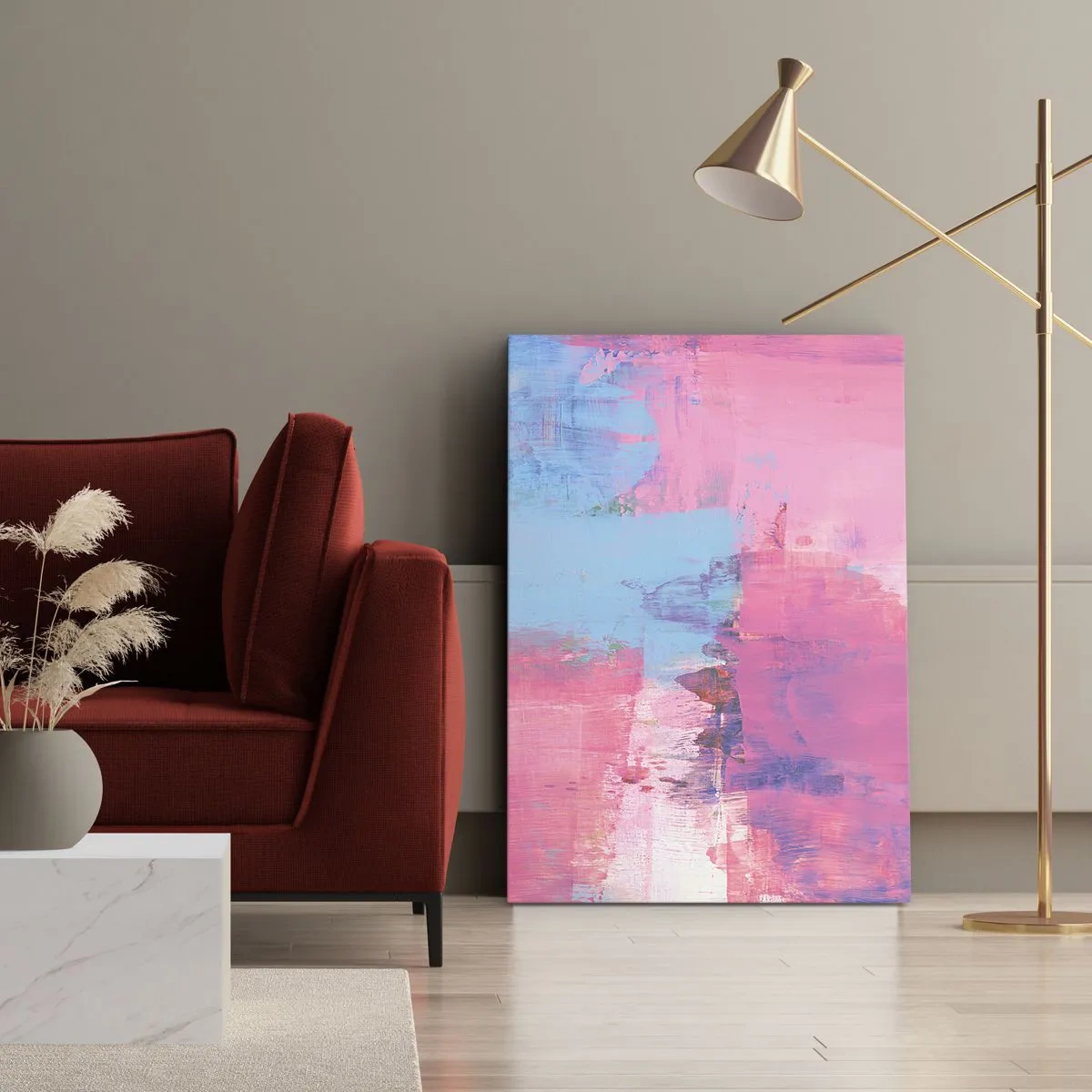 Canvastavla - Bild på duk - Rosa, blått och en gnutta ljus - 55x100 cm