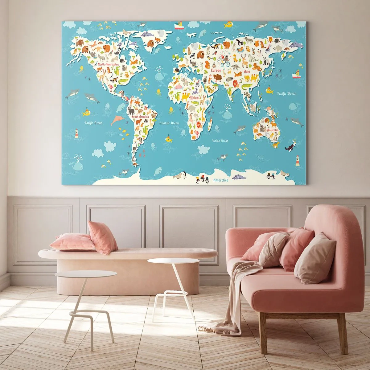 Glastavla - Bild på glas - Färgglad världskarta med djur- och havsmotiv - 70x50cm - Vi älskar hela världen - Modern väggdekoration för vardagsrum och sovrum ARTTOR