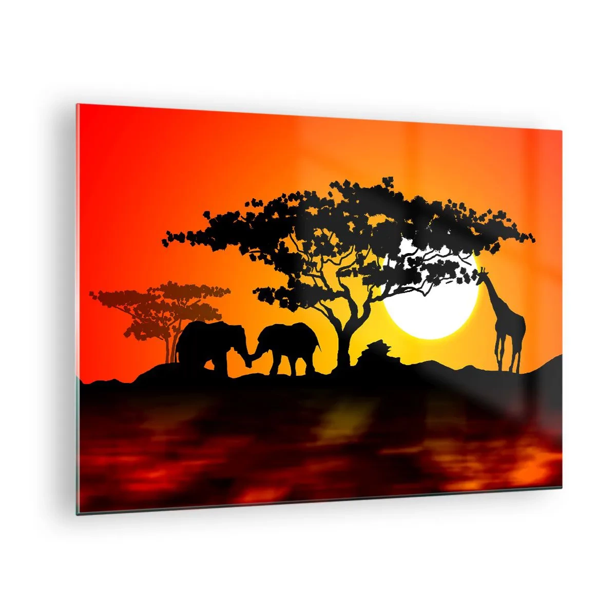Glastavla - Bild på glas - Afrikanskt landskap med träd och djur vid solnedgången - 70x50cm - Ett möte ute i savannen - Modern väggdekoration för vardagsrum och sovrum ARTTOR