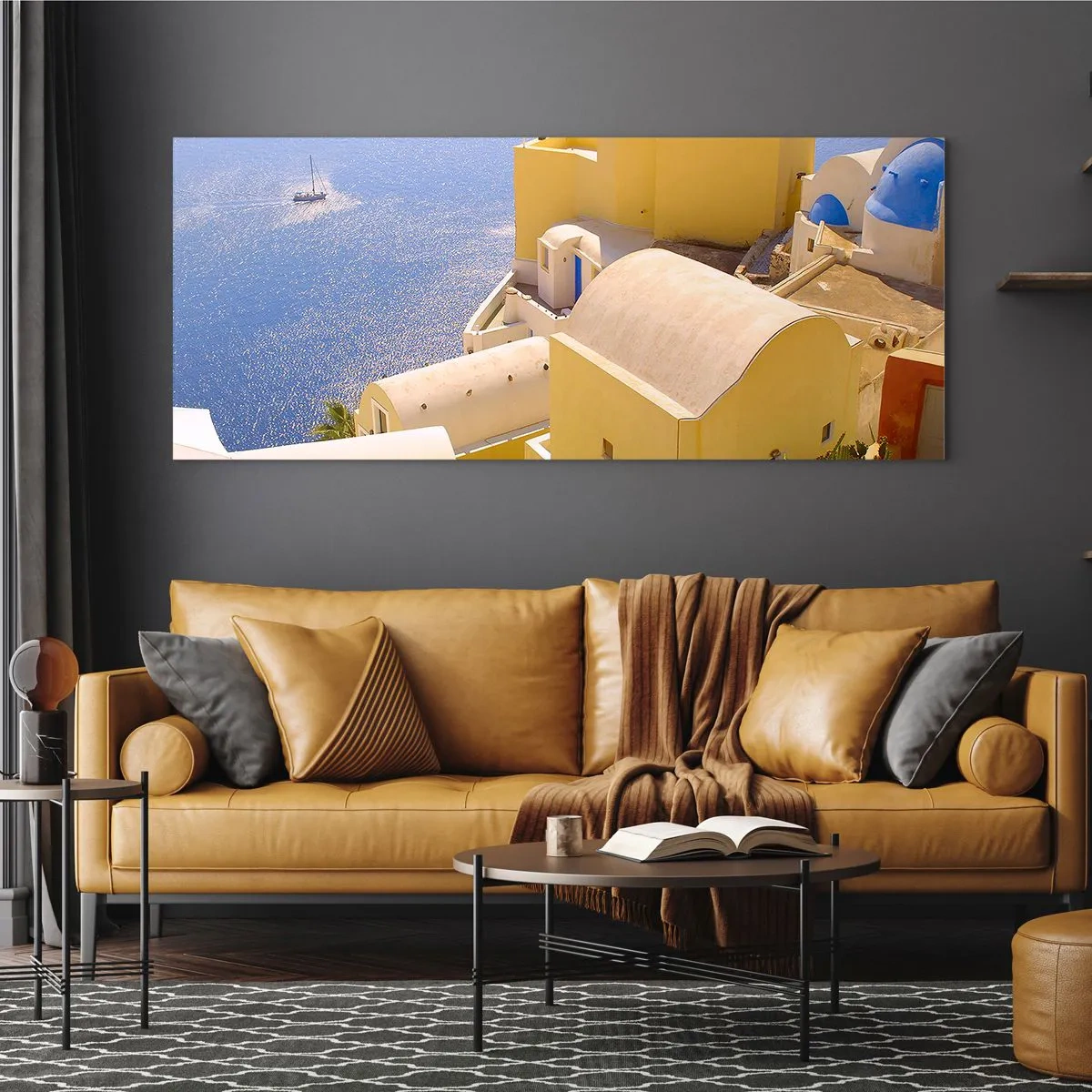 Glastavla - Bild på glas - Grekiskt landskap i vit och blå - 100x40 cm