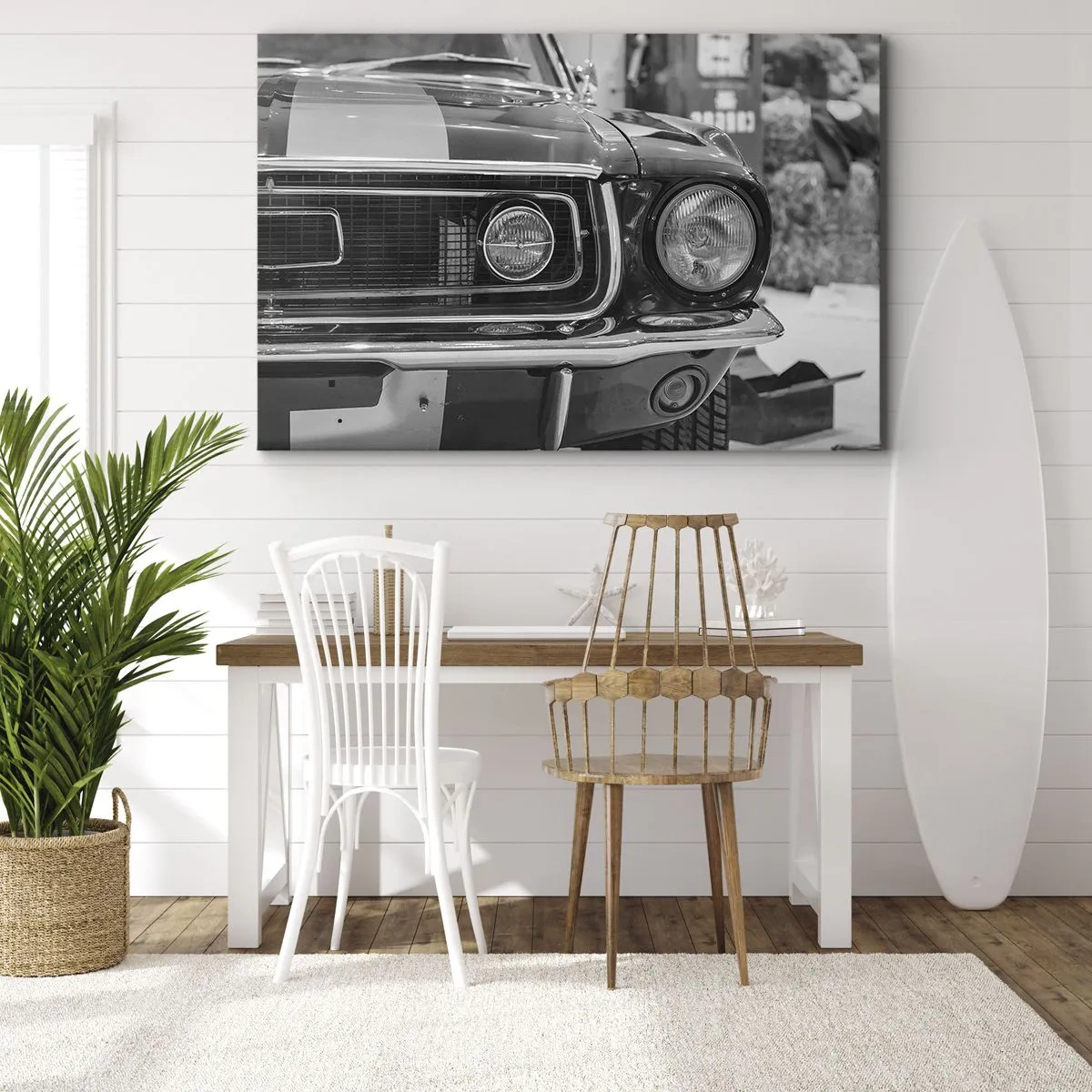 Canvastavla - Bild på duk - Svartvit motorhuv för klassisk bil - 70x50cm - Kör hårt - Modern väggdekoration för vardagsrum och sovrum ARTTOR