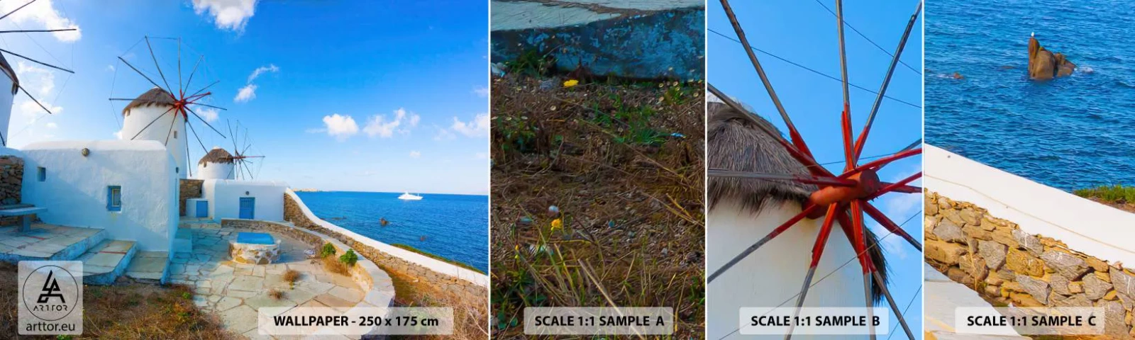 Fototapet Prov Standard Eco - Blåa vinden från havet - Arkitektur, Landskap, Grekland - 100x30 cm