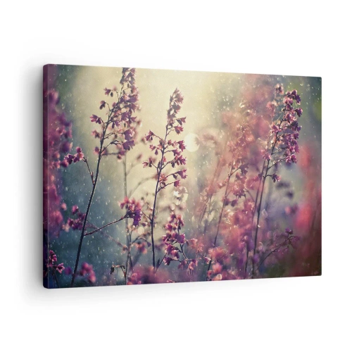Canvastavla - Bild på duk - Blommor i solljus mot naturens bakgrund - 70x50cm - Hemlighetsfull trädgård - Modern väggdekoration för vardagsrum och sovrum ARTTOR