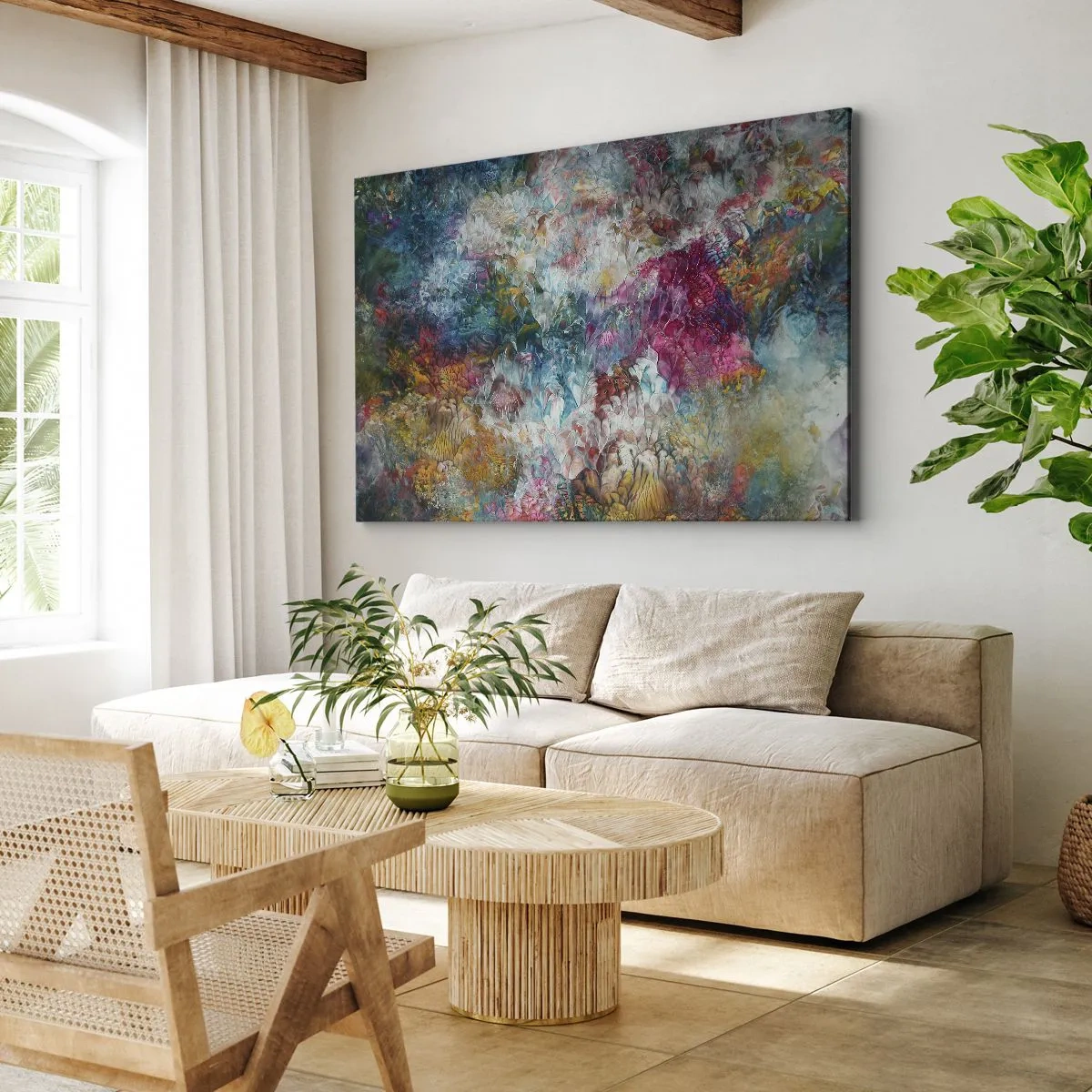 Canvastavla - Bild på duk - En färgglad abstraktion som liknar blommor i blom - 70x50cm - I full blom - Modern väggdekoration för vardagsrum och sovrum ARTTOR