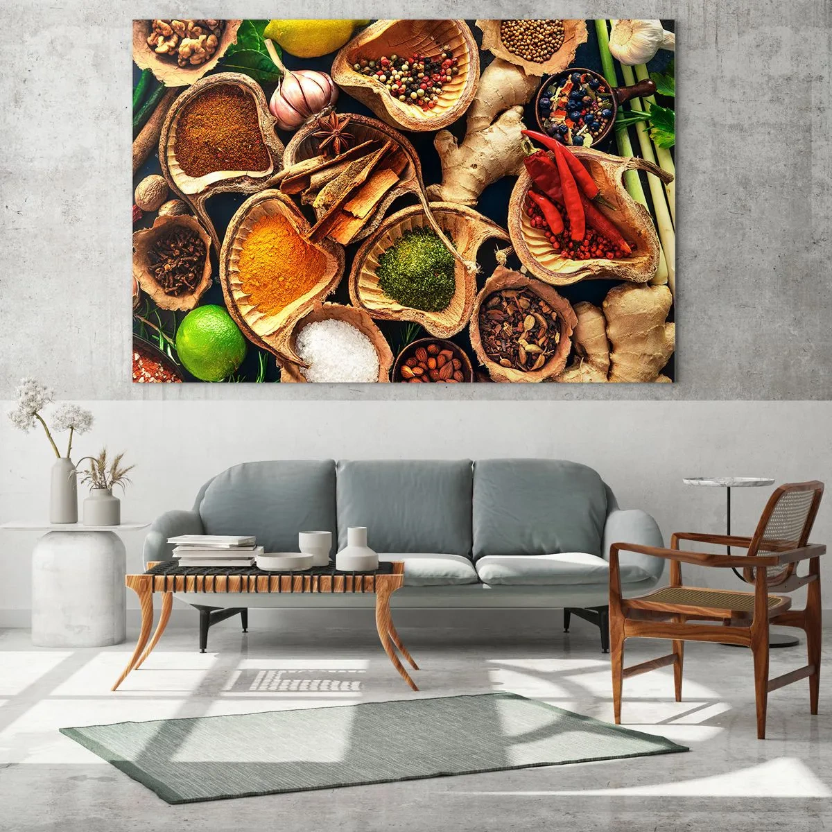 Glastavla - Bild på glas - Färgglada kryddor i naturliga behållare med tillsatser - 70x50cm - Ta vad du vill - Modern väggdekoration för vardagsrum och sovrum ARTTOR