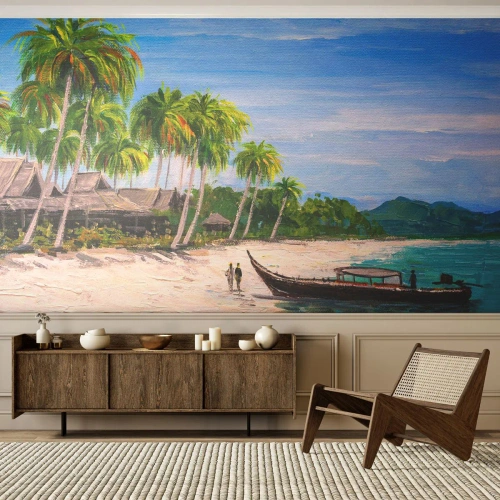 Fototapet Standard Eco - En exotisk strand med palmer och en traditionell båt på vattnet - 100x70cm - En exotisk dröm - Modern väggdekoration för vardagsrum och sovrum ARTTOR