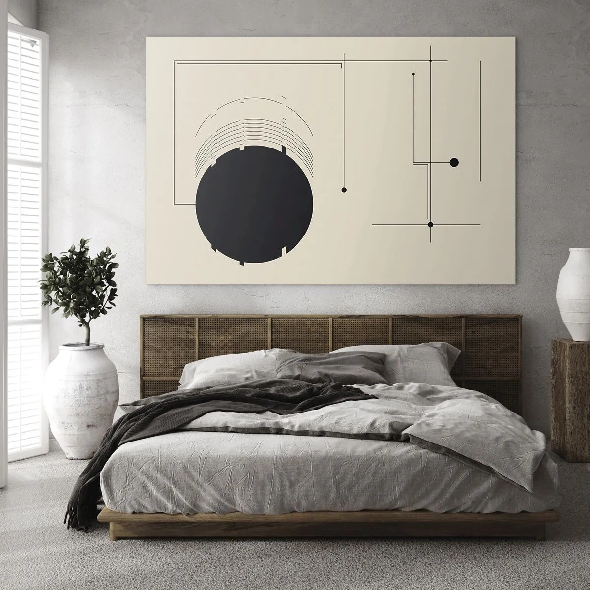 Glastavla - Bild på glas - Abstrakt komposition med en svart cirkel och geometriska linjer - 70x50cm - Fjädrande och dynamisk komposition - Modern väggdekoration för vardagsrum och sovrum ARTTOR