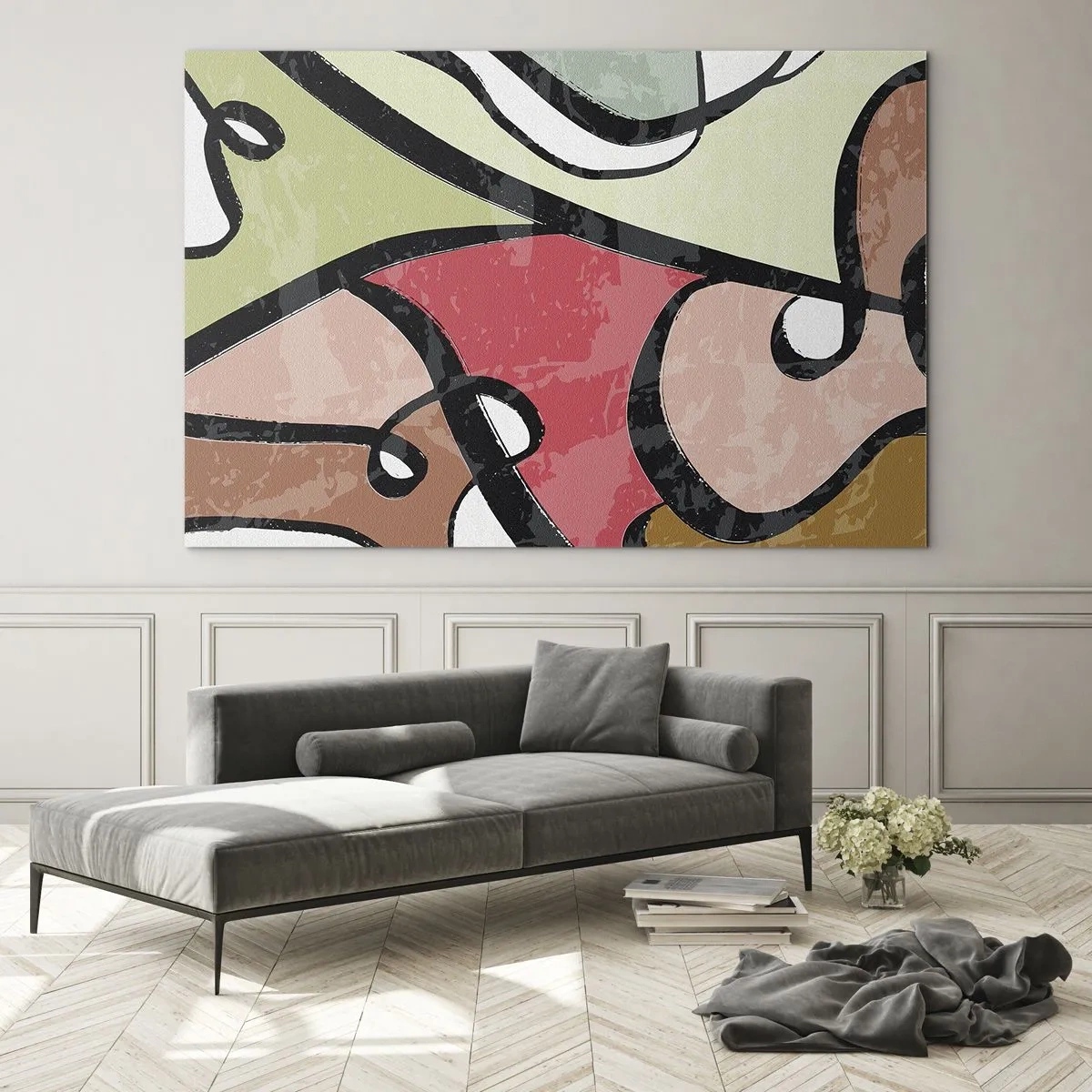 Glastavla - Bild på glas - Färgglad abstraktion med svarta linjer - 70x50cm - Pirouetter bland färger - Modern väggdekoration för vardagsrum och sovrum ARTTOR