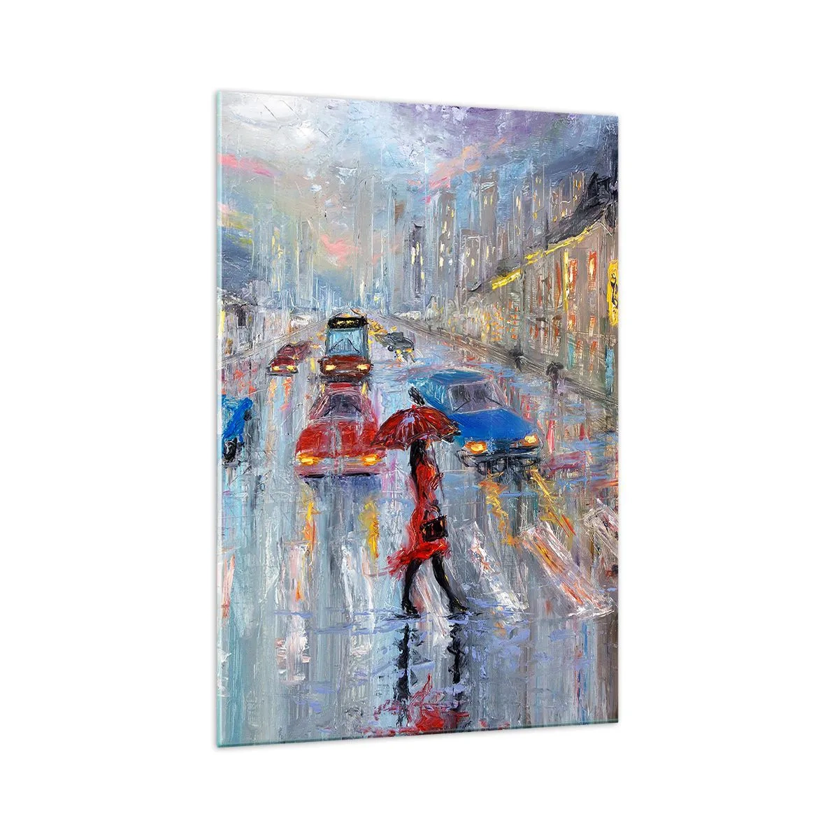 Glastavla - Bild på glas - Regnig eftermiddag i staden - 70x100 cm