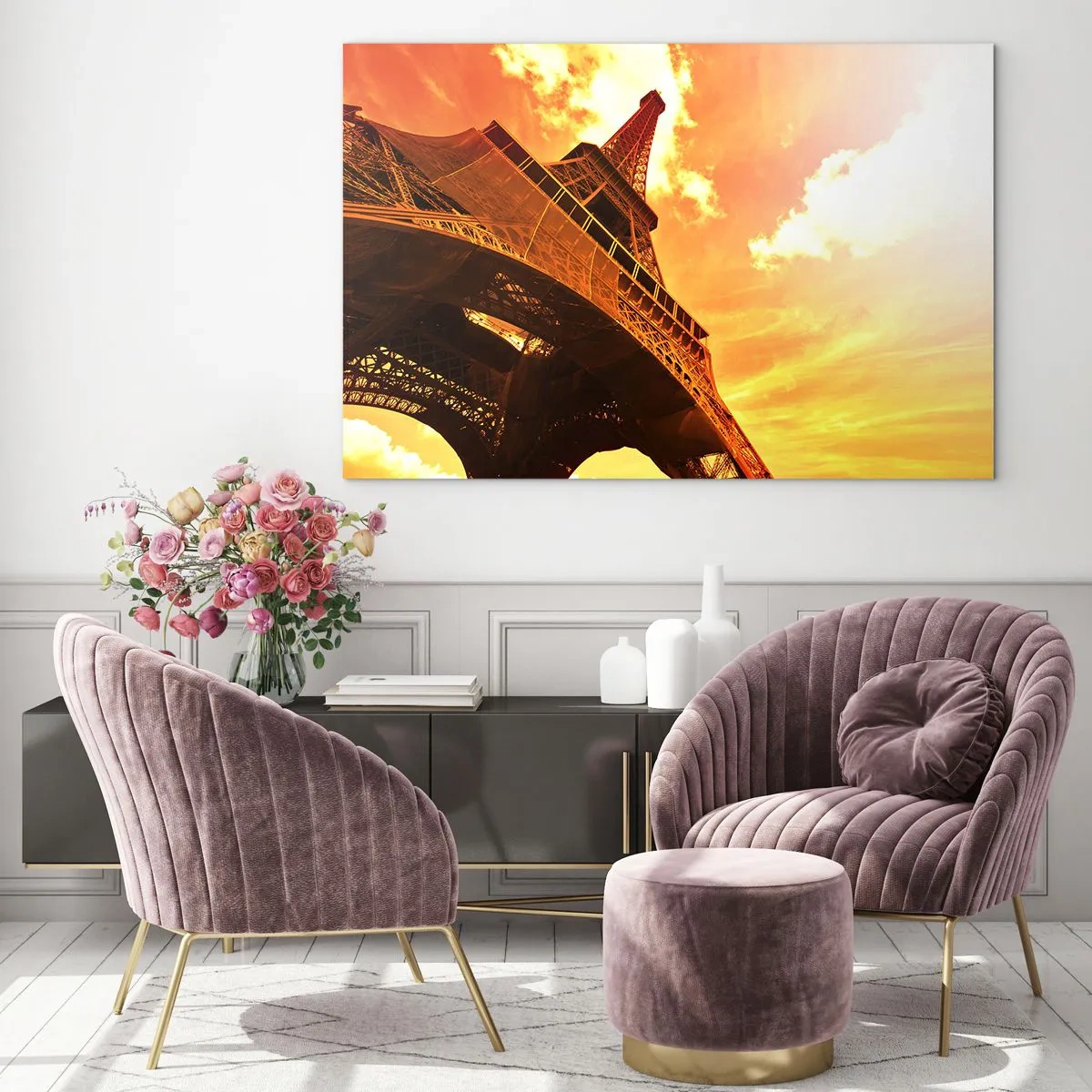 Glastavla - Bild på glas - Eiffeltornet i varma orange nyanser vid solnedgången - 70x50cm - Monumentalt, ty solförgyllt - Modern väggdekoration för vardagsrum och sovrum ARTTOR