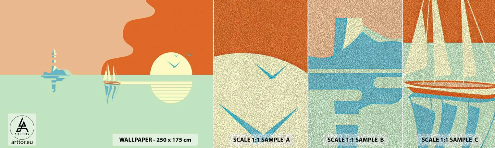 Provbit av fototapet Premium Sand - Perfekt havslandskap - Abstraktion, Segelbåt, Lykta - 100x30 cm