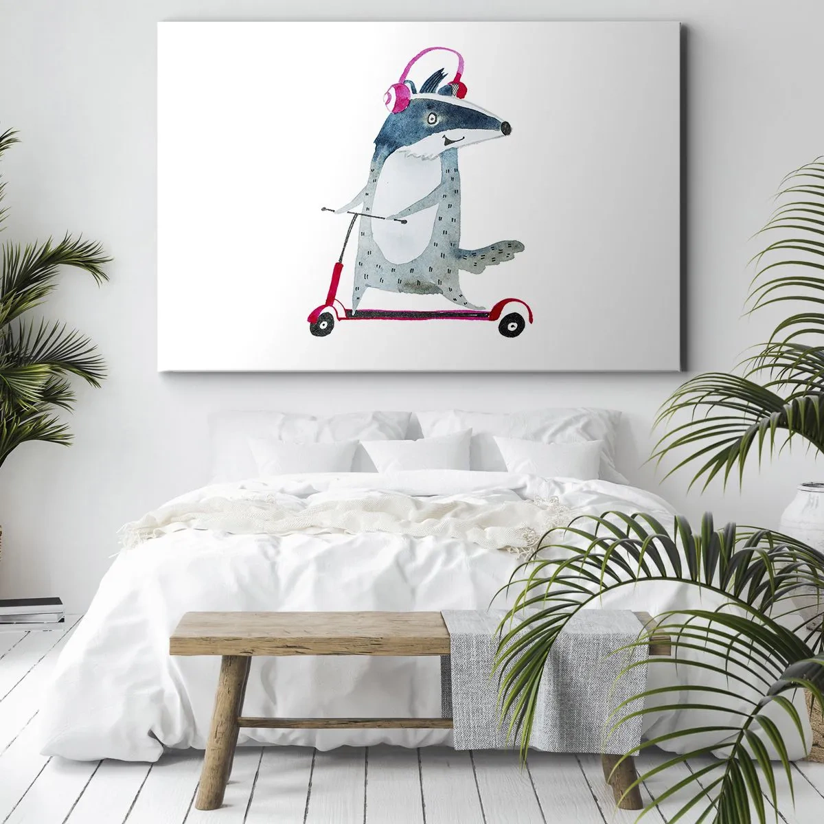 Canvastavla - Bild på duk - Grävling på en skoter med rosa hörlurar - 70x50cm - Grävlingens glädje - Modern väggdekoration för vardagsrum och sovrum ARTTOR