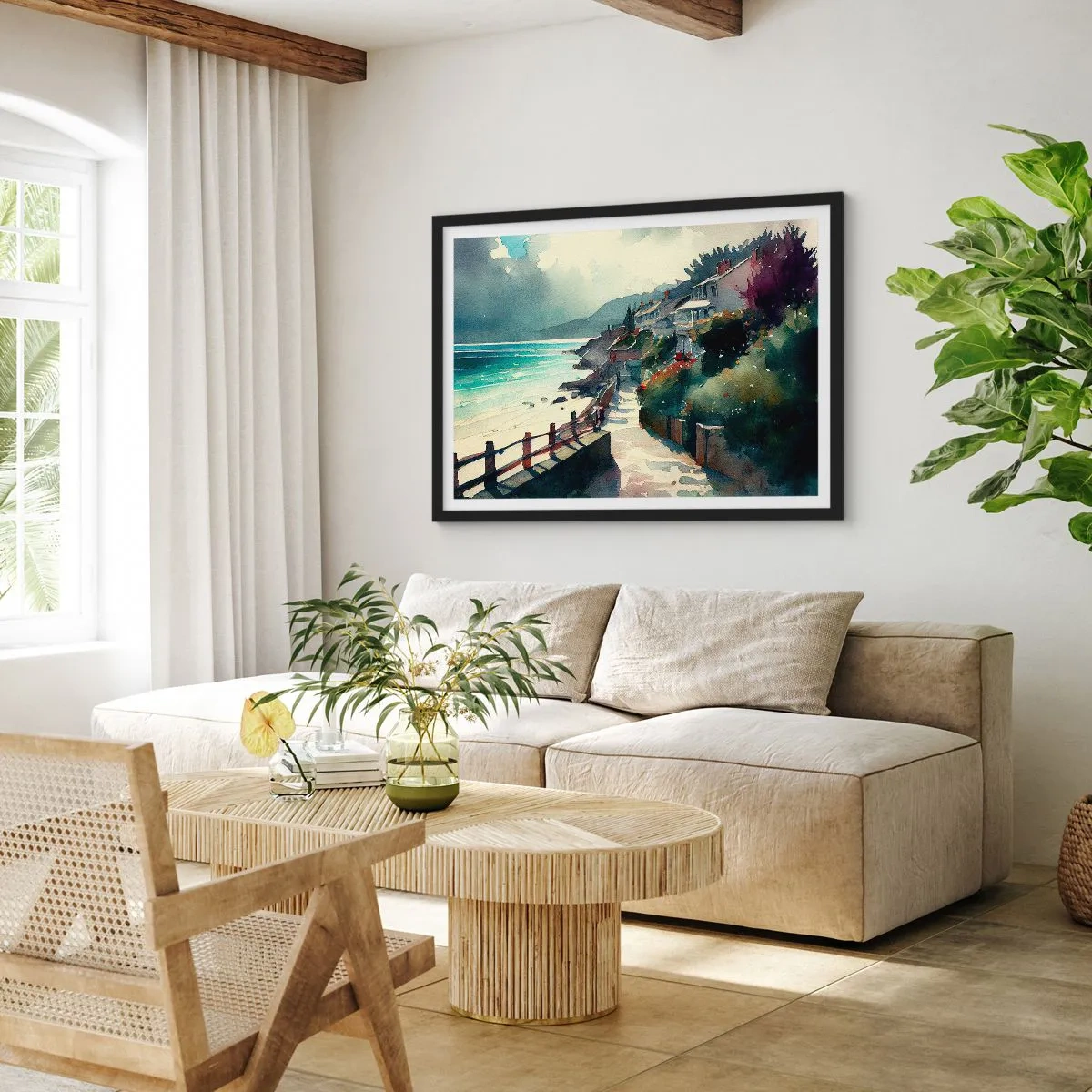 Affisch i svart ram - Medelhavsstad - 70x50 cm