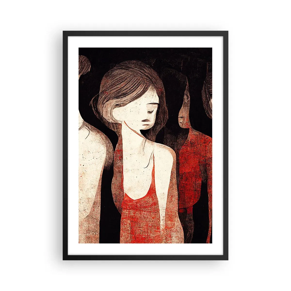 Affisch i svart ram - Abstrakt illustration av en figur i rött och svart - 50x70cm - Madonnor av mörker - Modern väggdekoration för vardagsrum och sovrum ARTTOR