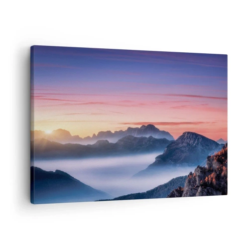 Canvastavla - Bild på duk - Berglandskap vid soluppgång med dimma i dalarna - 70x50cm - Över dalarna - Modern väggdekoration för vardagsrum och sovrum ARTTOR