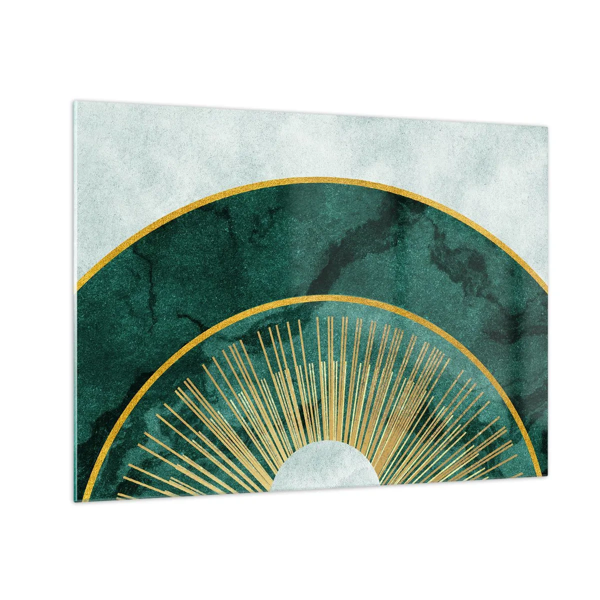 Glastavla - Bild på glas - Gyllene strålar mot en bakgrund av gröna halvcirklar med en marmorstruktur - 70x50cm - Ett annorlunda solsystem - Modern väggdekoration för vardagsrum och sovrum ARTTOR