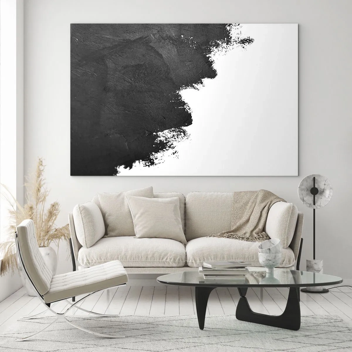 Glastavla - Bild på glas - Svart färgstruktur på vit bakgrund i minimalistisk stil - 70x50cm - Element: jord - Modern väggdekoration för vardagsrum och sovrum ARTTOR