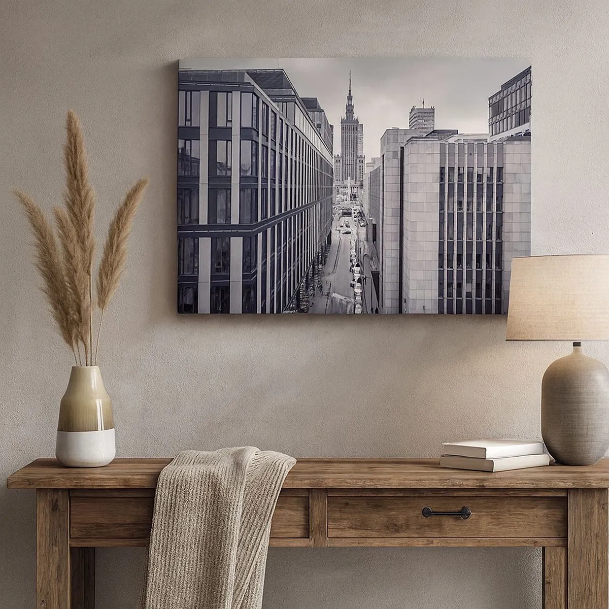 Canvastavla - Bild på duk - Panorama över Warszawa med utsikt över Kulturpalatset och de omgivande byggnaderna - 70x50cm - Warszawadalen - Modern väggdekoration för vardagsrum och sovrum ARTTOR