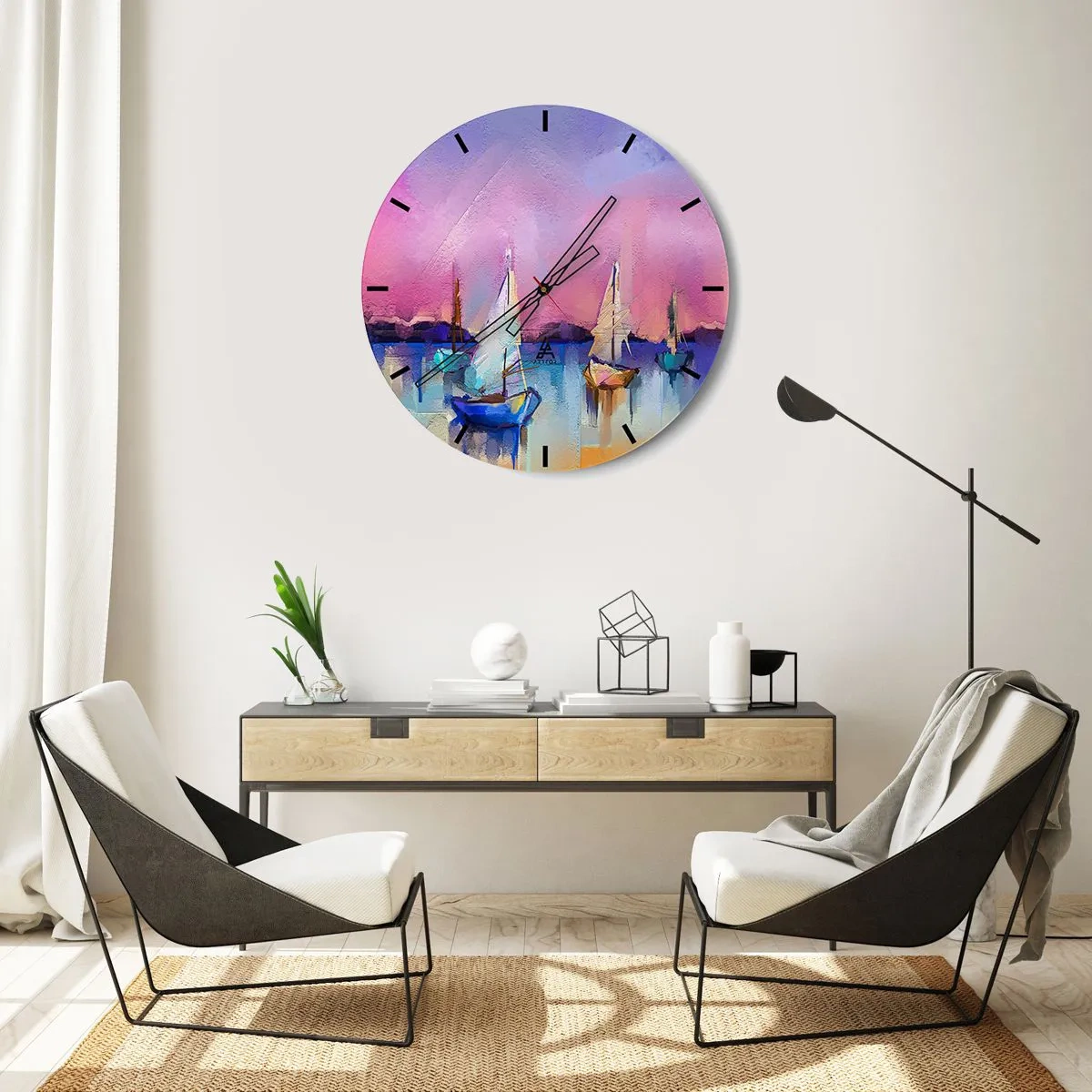 Väggklocka - Klocka på glas - Abstrakt marina med segelbåtar i pastellfärger - 30x30cm - Riktning: öppet vatten - Modern väggdekoration för vardagsrum, kök och sovrum ARTTOR