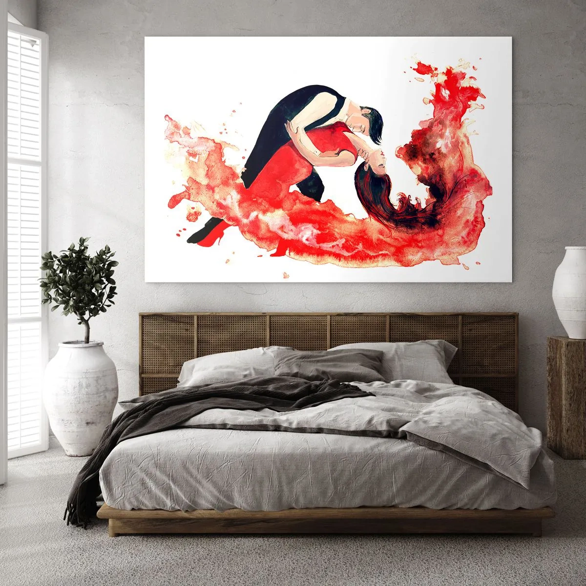 Glastavla - Bild på glas - Ett par som dansar i en dynamisk, röd akvarellkomposition - 70x50cm - Tango - den sensuella vågen - Modern väggdekoration för vardagsrum och sovrum ARTTOR