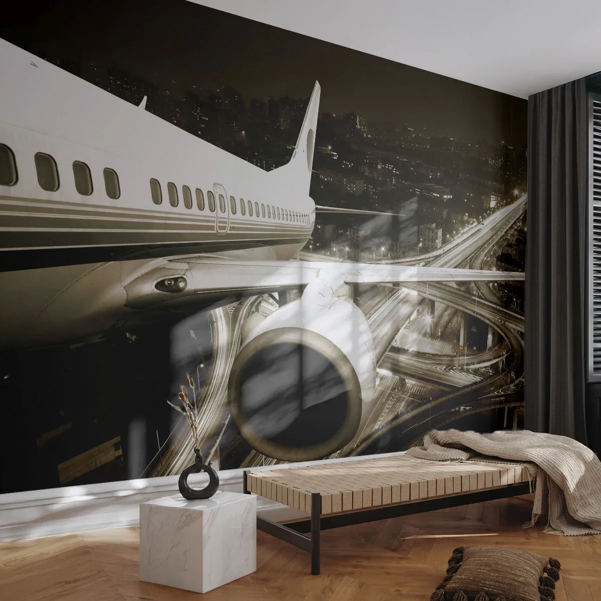 Fototapet Premium Canvas - Lyfta upp i natten - Plan, Stad, Bil - 250x175 cm