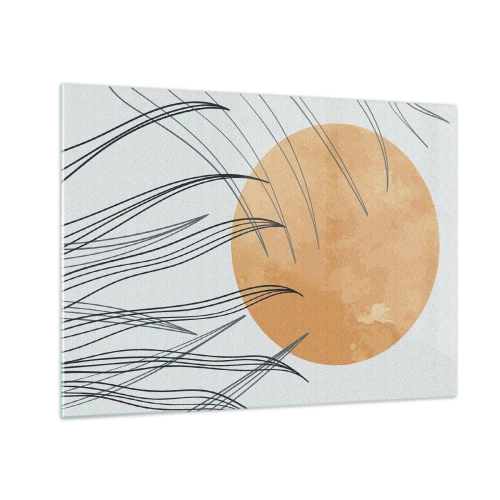 Glastavla - Bild på glas - Orange sol med dynamiska linjer mot en ljus bakgrund - 70x50cm - Alltid mot solen - Modern väggdekoration för vardagsrum och sovrum ARTTOR