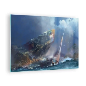 Glastavla - Bild på glas - En segelbåt i en storm utanför en klippig kust - 70x50cm - Modig vinner - Modern väggdekoration för vardagsrum och sovrum ARTTOR