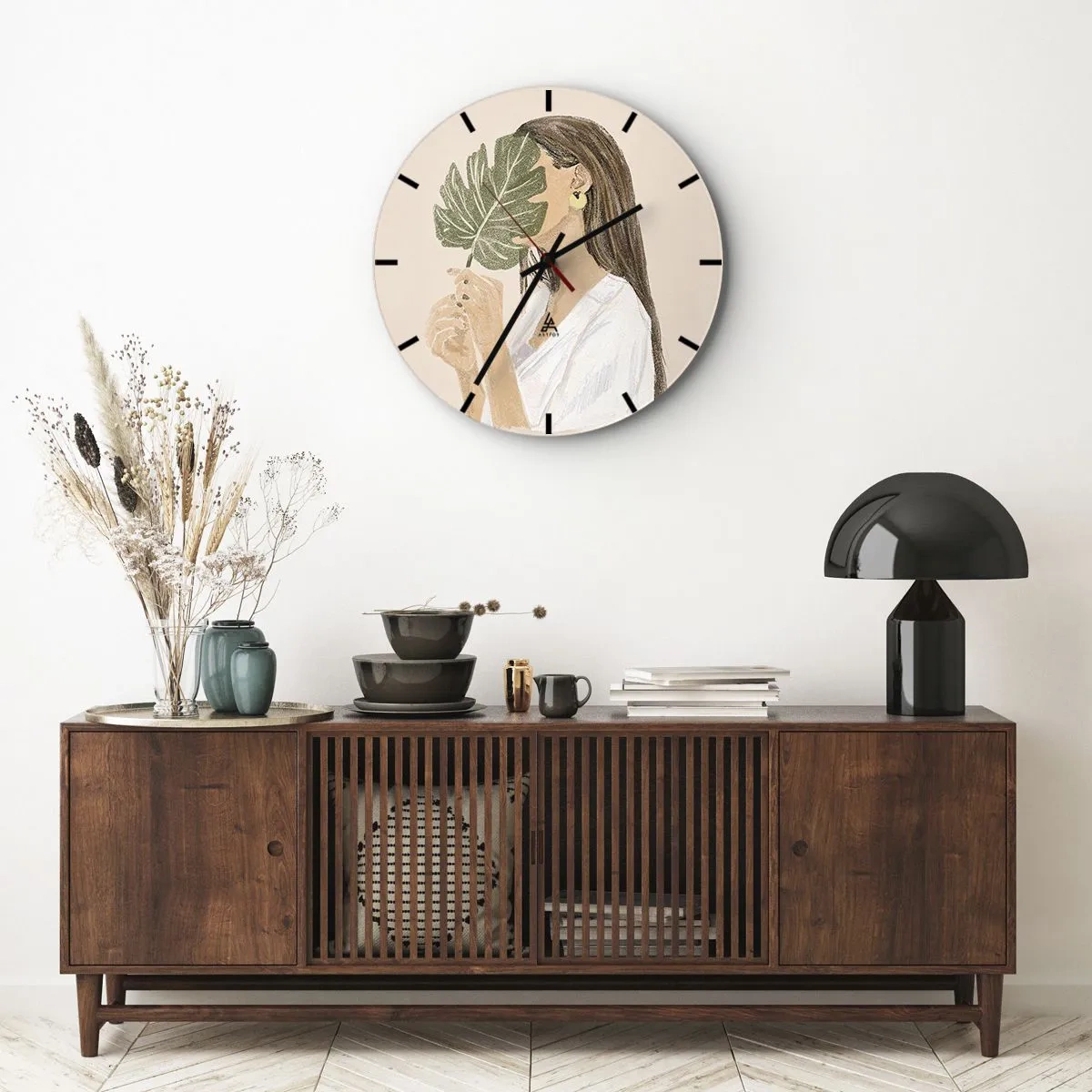 Väggklocka - Klocka på glas - Mystiskt porträtt med solfjäder - 40x40 cm