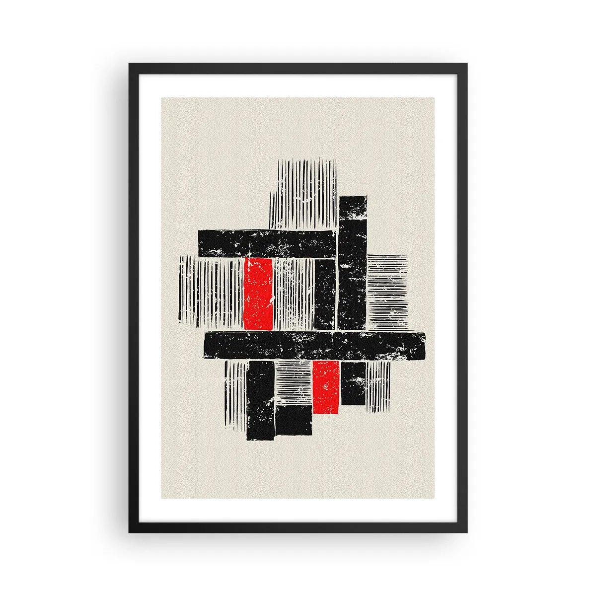 Affisch i svart ram - Geometrisk abstraktion i svart, rött och beige - 50x70cm - Rött och svart - Modern väggdekoration för vardagsrum och sovrum ARTTOR