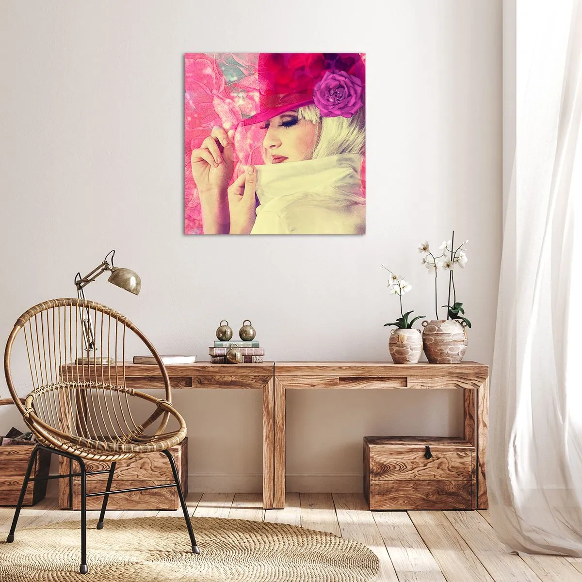 Canvastavla - Bild på duk - Retroporträtt i rosa ångor - 40x40 cm