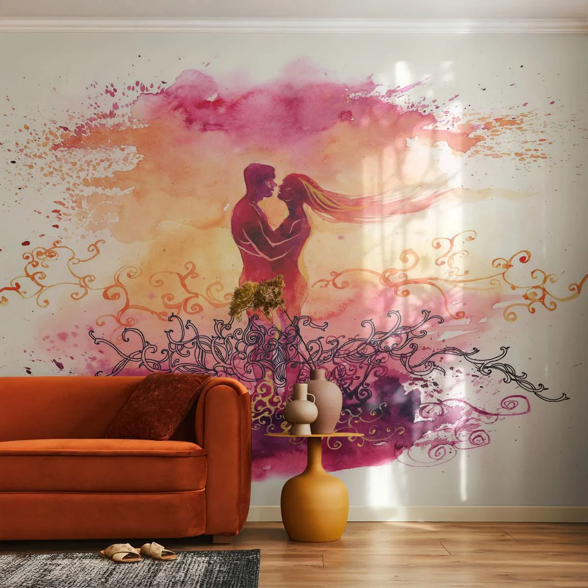 Fototapet Standard Eco - Silhuetter av ett förälskat par i akvarellmiljö - 100x70cm - Ett hjärta! Så lite behöver jag... - Modern väggdekoration för vardagsrum och sovrum ARTTOR