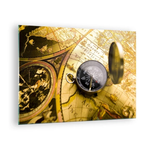 Glastavla - Bild på glas - En gyllene karta med kompass som en äventyrsdekoration - 70x50cm - Kanske till världens ände? - Modern väggdekoration för vardagsrum och sovrum ARTTOR