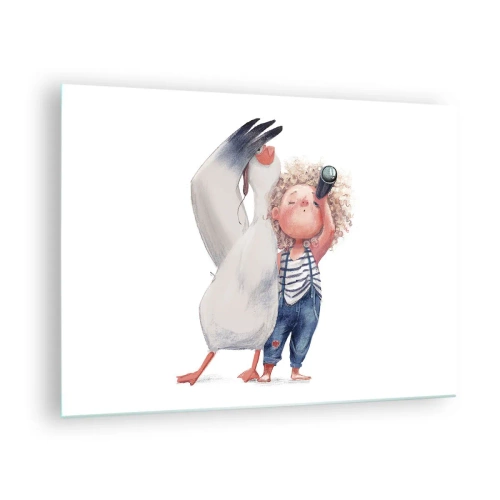Glastavla - Bild på glas - Baby med kikare och stork i en rolig illustrationsstil - 70x50cm - Stora resans plan - Modern väggdekoration för vardagsrum och sovrum ARTTOR