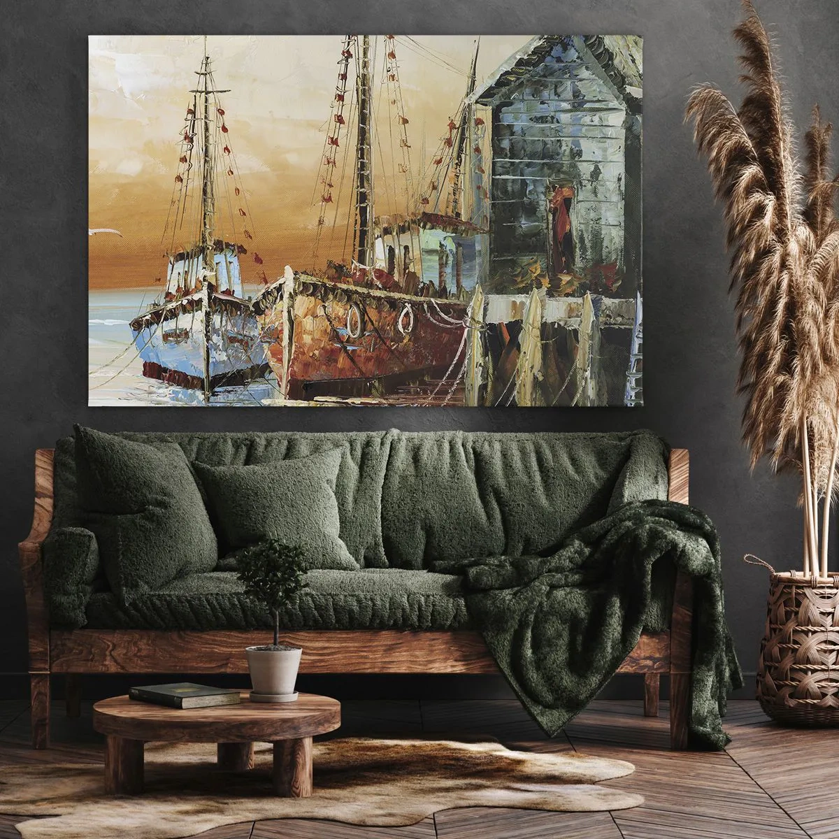 Canvastavla - Bild på duk - Båtar på stranden i solnedgångens varma ljus - 70x50cm - Lugn hemresa - Modern väggdekoration för vardagsrum och sovrum ARTTOR
