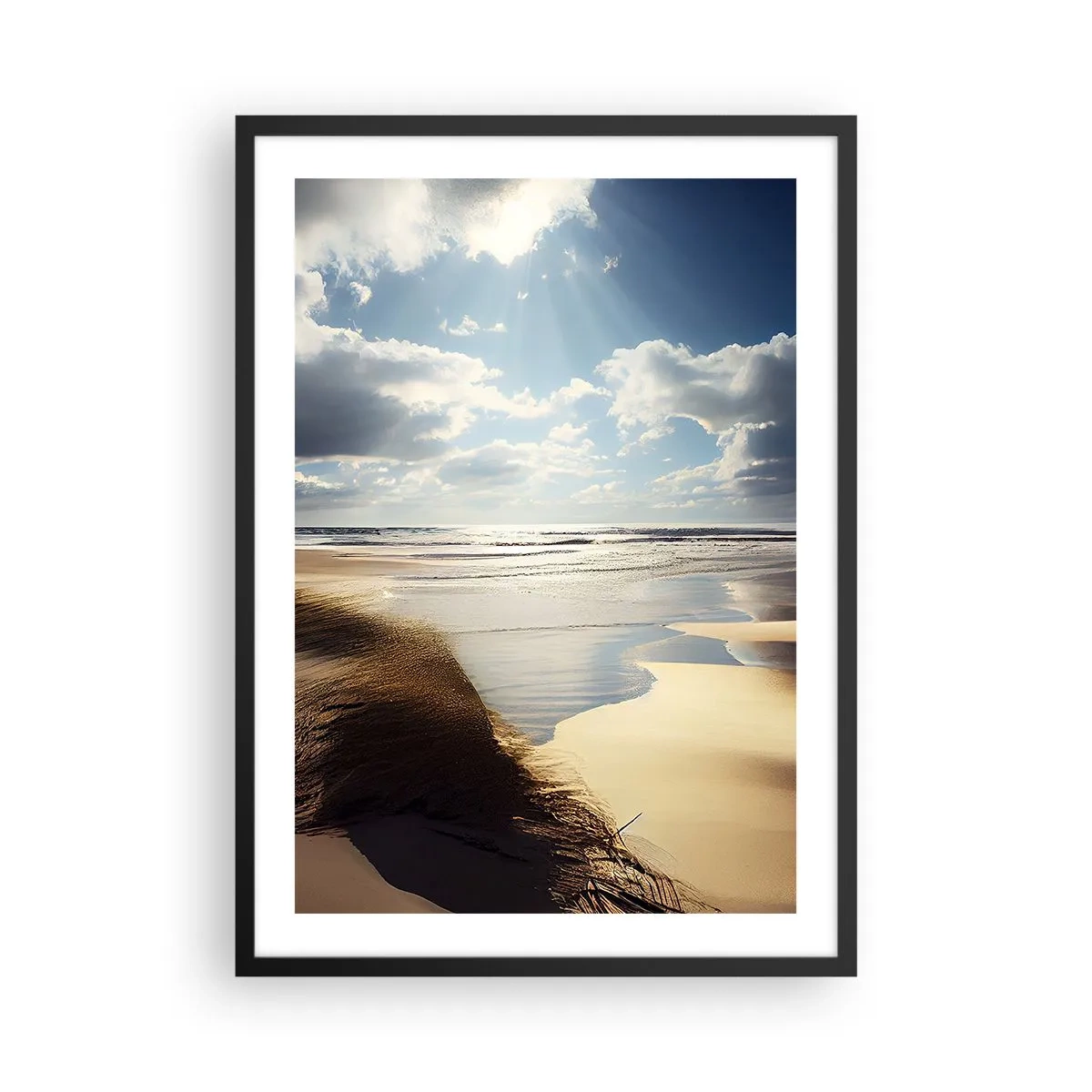 Affisch i svart ram - Strand vid solnedgången med vågor och moln - 50x70cm - Strand, vild strand - Modern väggdekoration för vardagsrum och sovrum ARTTOR