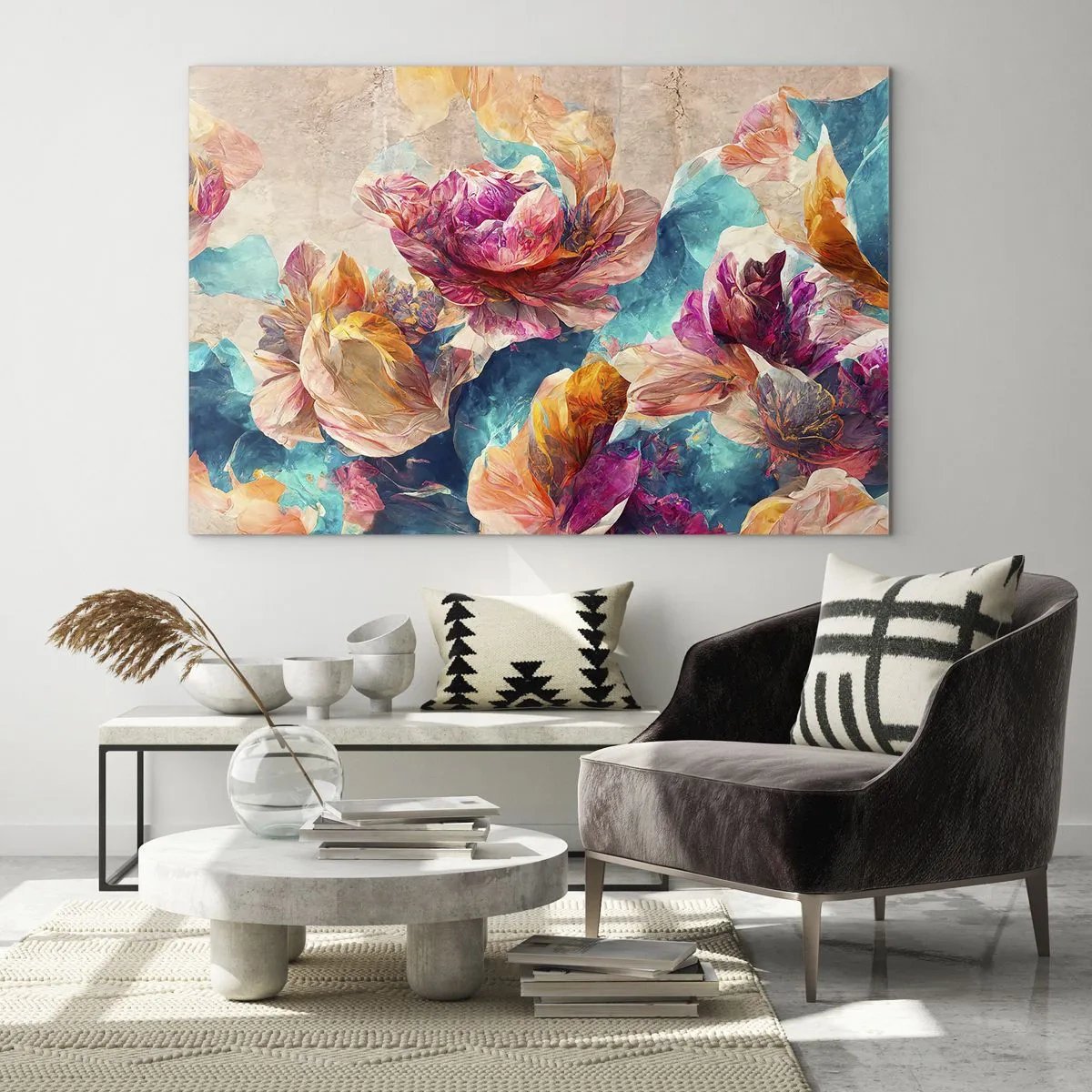 Glastavla - Bild på glas - Den färgsprakande prakten hos en bukett - 70x50 cm