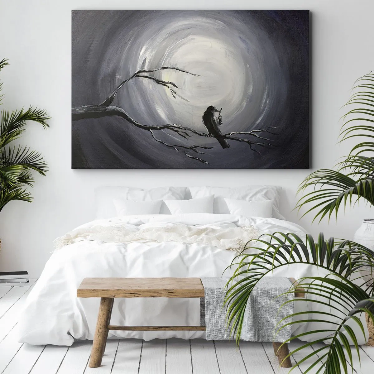 Canvastavla - Bild på duk - Svart fågel på en gren i månskenet - 70x50cm - Nyckeln till nattens hemlighet - Modern väggdekoration för vardagsrum och sovrum ARTTOR