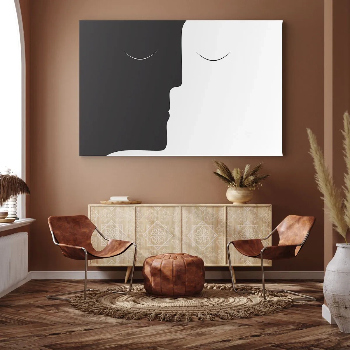 Canvastavla - Bild på duk - En minimalistisk silhuett av två ansikten i kontrasterande färger. - 70x50cm - Motsatsernas enhet - Modern väggdekoration för vardagsrum och sovrum ARTTOR